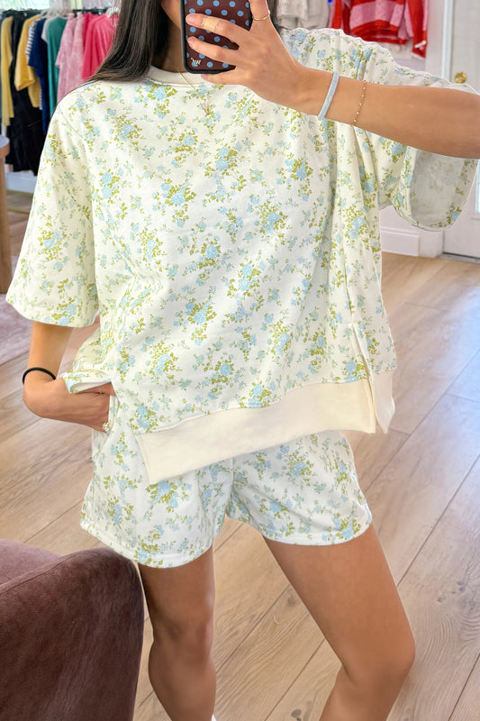 Sky Blue Floral Print Short Sleeve Elastic Waist Pocket Two Piece Set