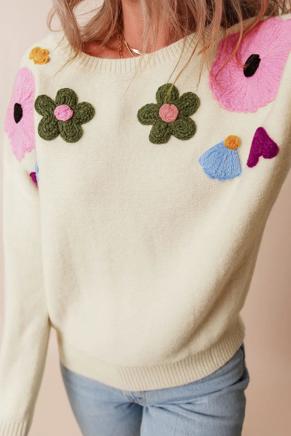 Beige Knitted Flower Pattern Ribbed Edge Sweater - Chic Meadow Boutique 