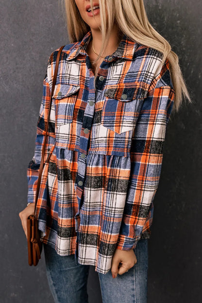 Outerwear/Plaid Shackets Multicolor Plaid Button Down Ruffled Shirt Jacket