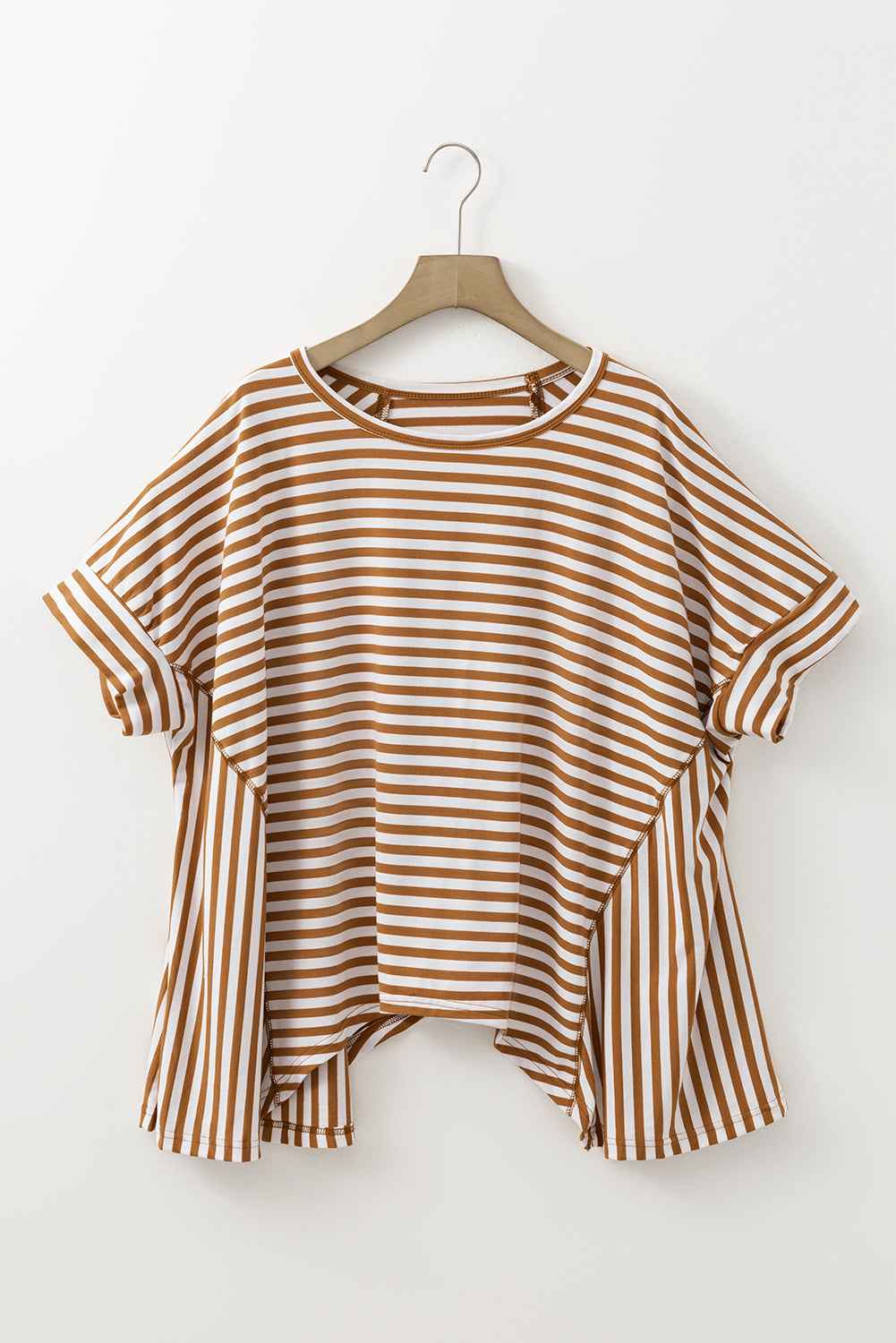 Khaki Stripe Batwing Sleeve Crewneck Oversized Top