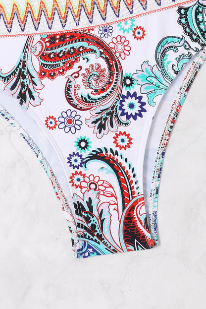 White Boho Paisley Contrast Trimmed One-shoulder Bikini - Chic Meadow Boutique 