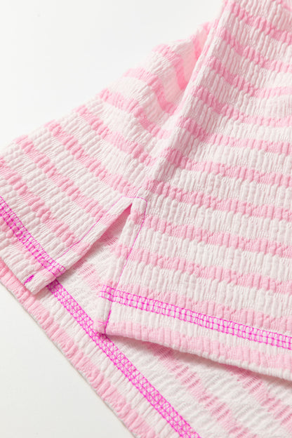 Pink Stripe Textured Knit Split Hem Half Sleeve Loose Top