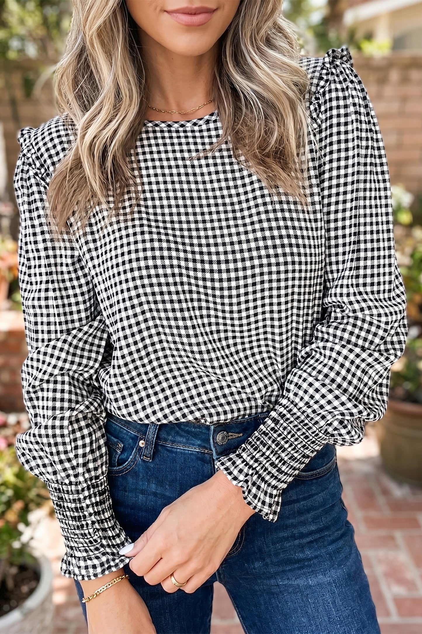Black Plaid Shirred Cuff Long Sleeve Round Neck Blouse