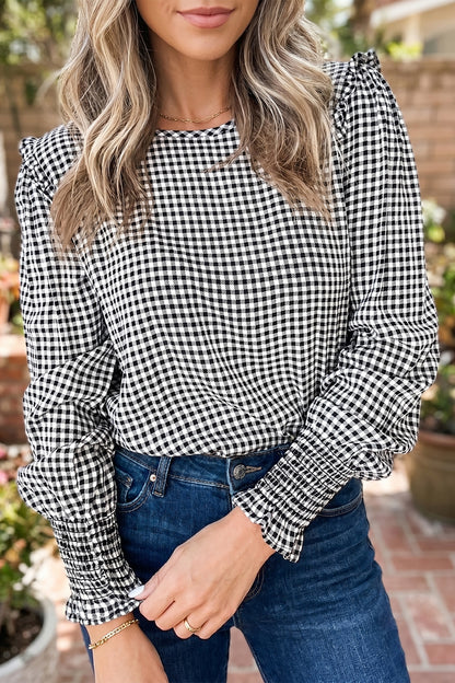 Black Plaid Shirred Cuff Long Sleeve Round Neck Blouse