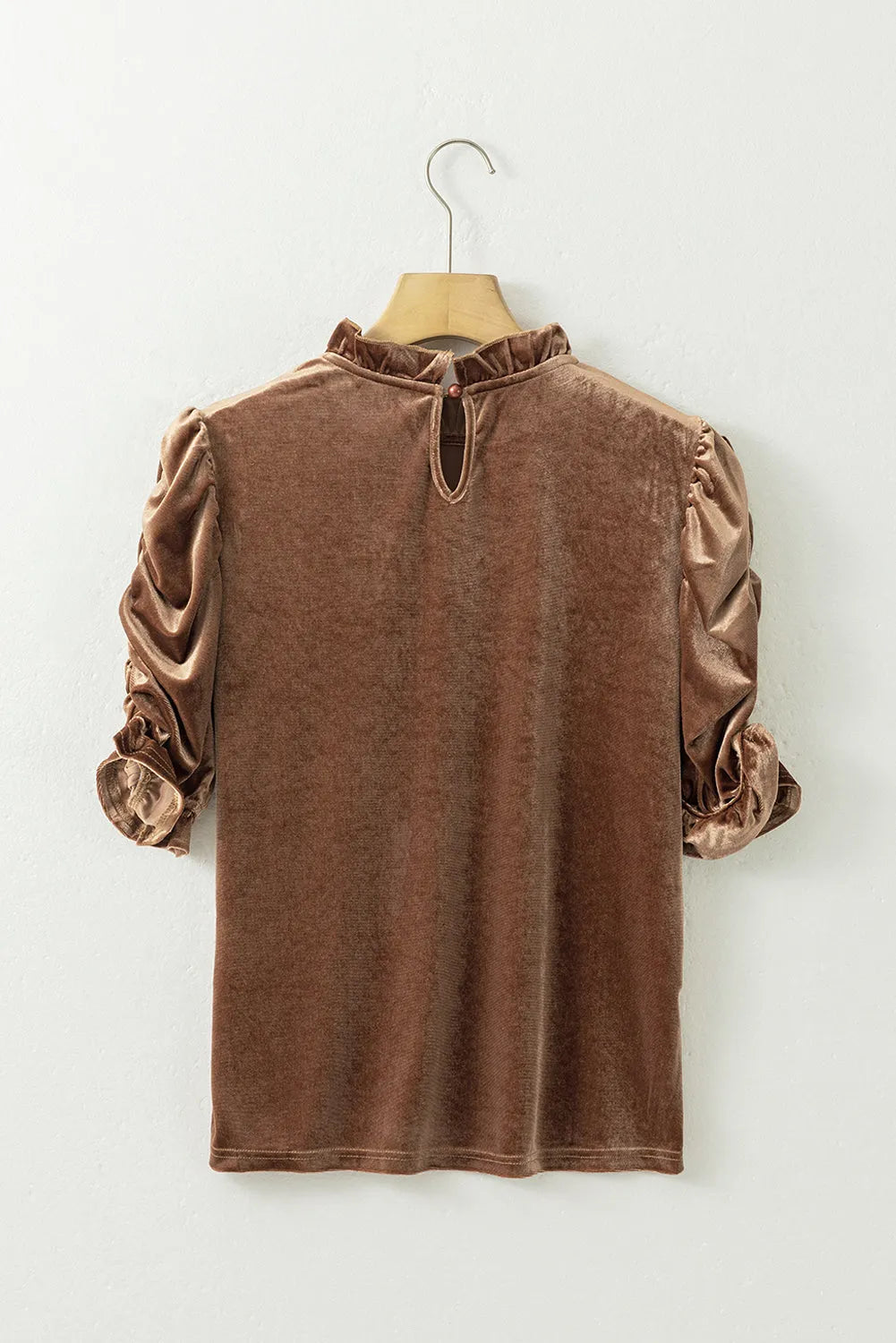 Camel Ruffled Arm Velvet Top - Chic Meadow Boutique 