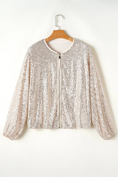 Apricot Sequin Zip up Round Neck Long Sleeve Jacket - Chic Meadow Boutique 