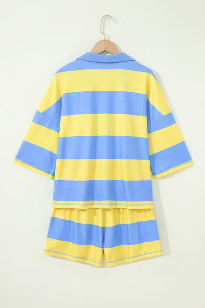 Yellow Stripe Half Zipper Placket Bracelet Sleeve Top Casual Shorts Set