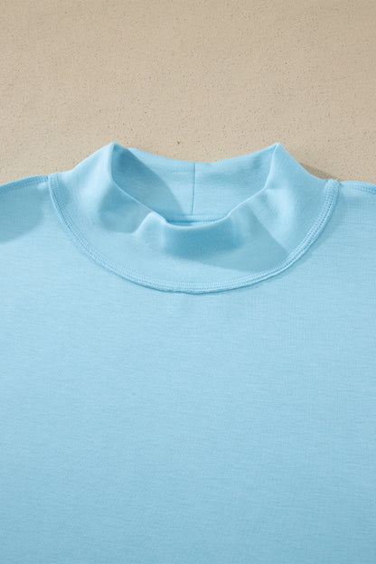 Mist Blue Solid Color Exposed Seam Mock Neck Oversize Tee Casual Shorts 2pcs Outfit