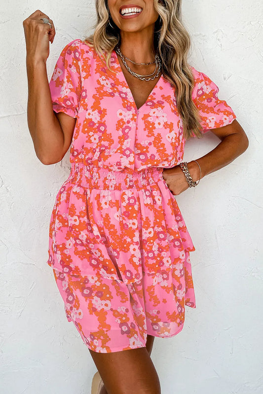 Pink Floral V Neck Short Ruffle Tiered Dress - Chic Meadow Boutique 