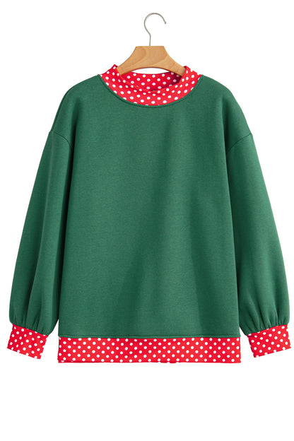 Dark Green Colorblock Polka Dot Contrast Trim Oversized Sweatshirt