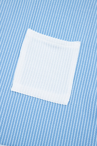 Dark Blue Corded Knit Color Block Pocketed Crew Neck T Shirt