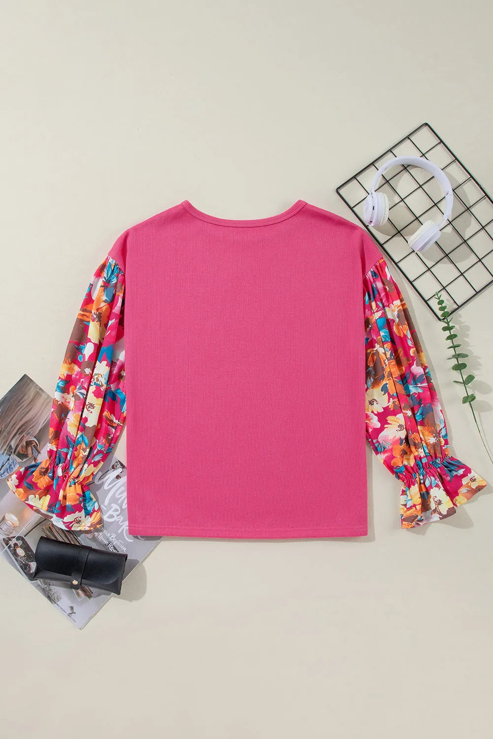 Sachet Pink Flower Patchwork Ruffled Sleeve Ribbed Knit Drop Shoulder Top - Chic Meadow Boutique 