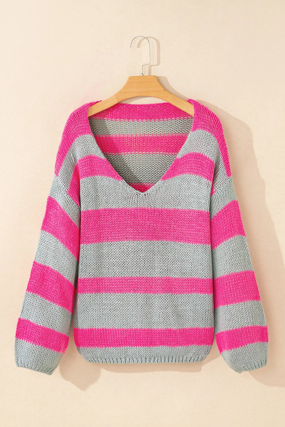 Rose Striped Colorblock Knit V Neck Loose Fit Sweater - Chic Meadow Boutique 