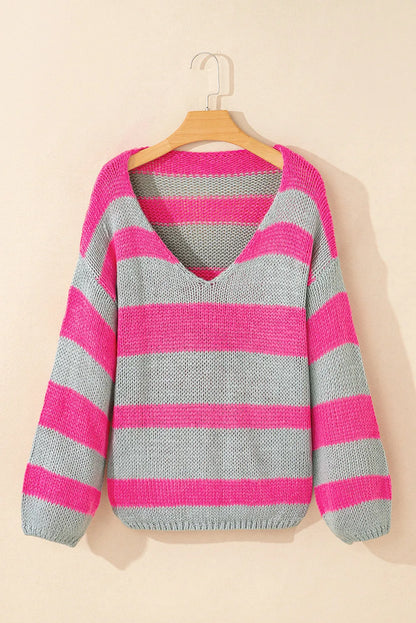 Rose Striped Colorblock Knit V Neck Loose Fit Sweater - Chic Meadow Boutique 