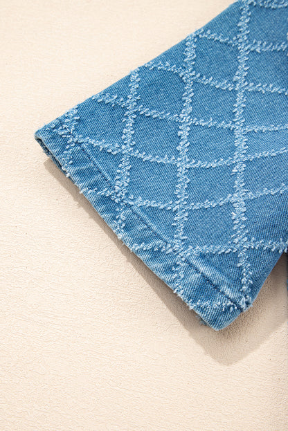 Dusk Blue Checkered Textured Short Sleeve Patched Pocket Denim Shirt