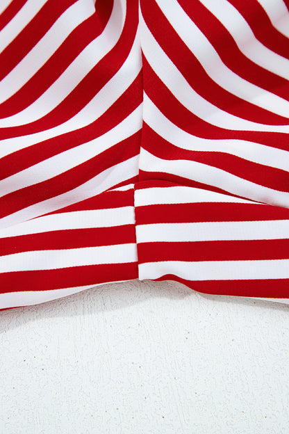 Red Stripe Contrast Velvet Trim Bow Knot Waist 2pcs Pajama Set