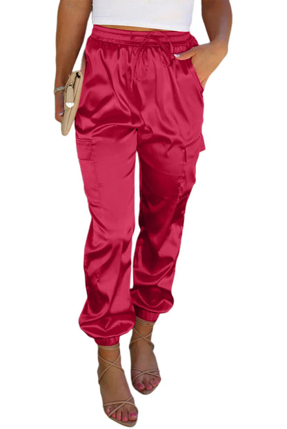 Rose Satin Pocketed Drawstring Elastic Waist Pants - Chic Meadow Boutique 