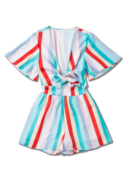 Multicolor Stripe Print Tie V Neck Flowy Romper - Chic Meadow Boutique 