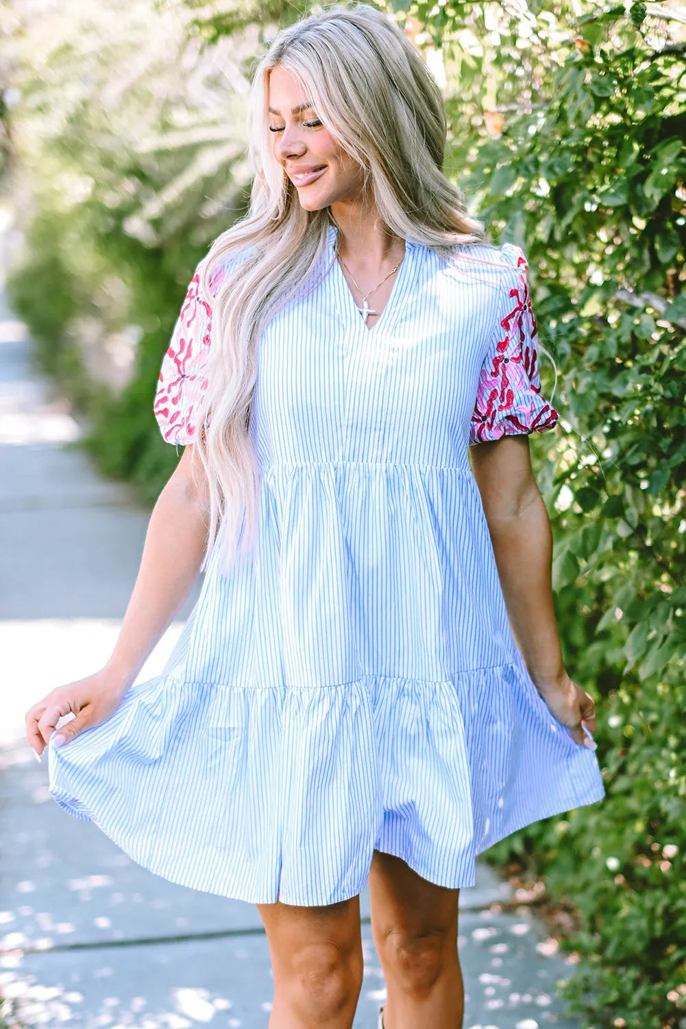 Sky Blue Stripe Contrast Floral Puff Sleeve Tiered Ruffle Dress - Chic Meadow Boutique 