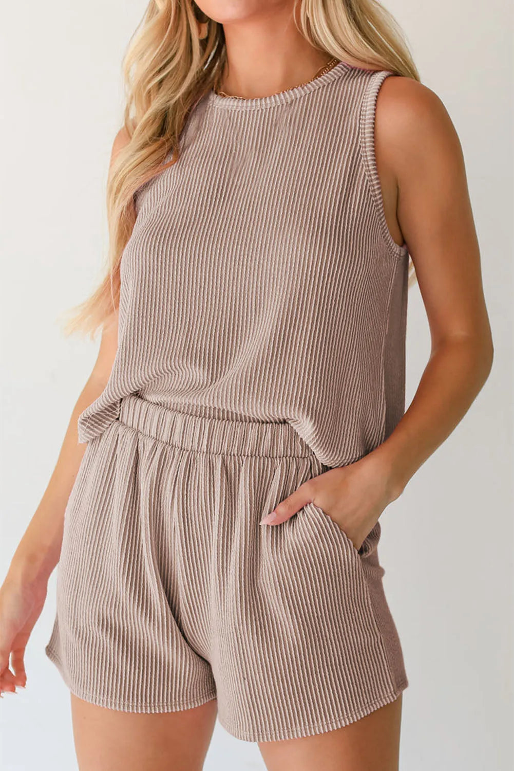 Smoke Gray Corded Sleeveless Top and Pocketed Shorts Set - Chic Meadow Boutique 