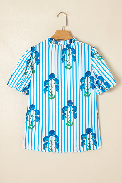 Sky Blue Stripe Floral Buttoned Frilly Notched Neck Puff Sleeve Summer Blouse