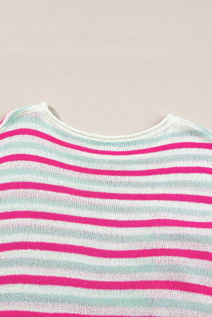 Rose Stripe Oversized Drop Shoulder Sweater with Pocket - Chic Meadow Boutique 