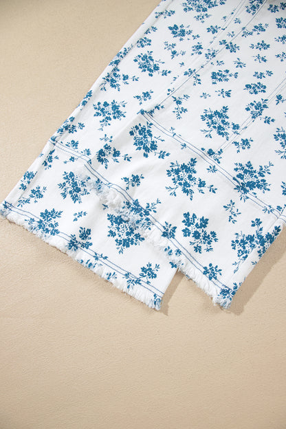 Sky Blue Floral Print Tie Waist Straight Leg Jeans