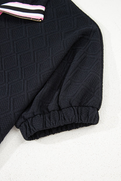 Color black Striped Collared Zip up Textured Skirt Set