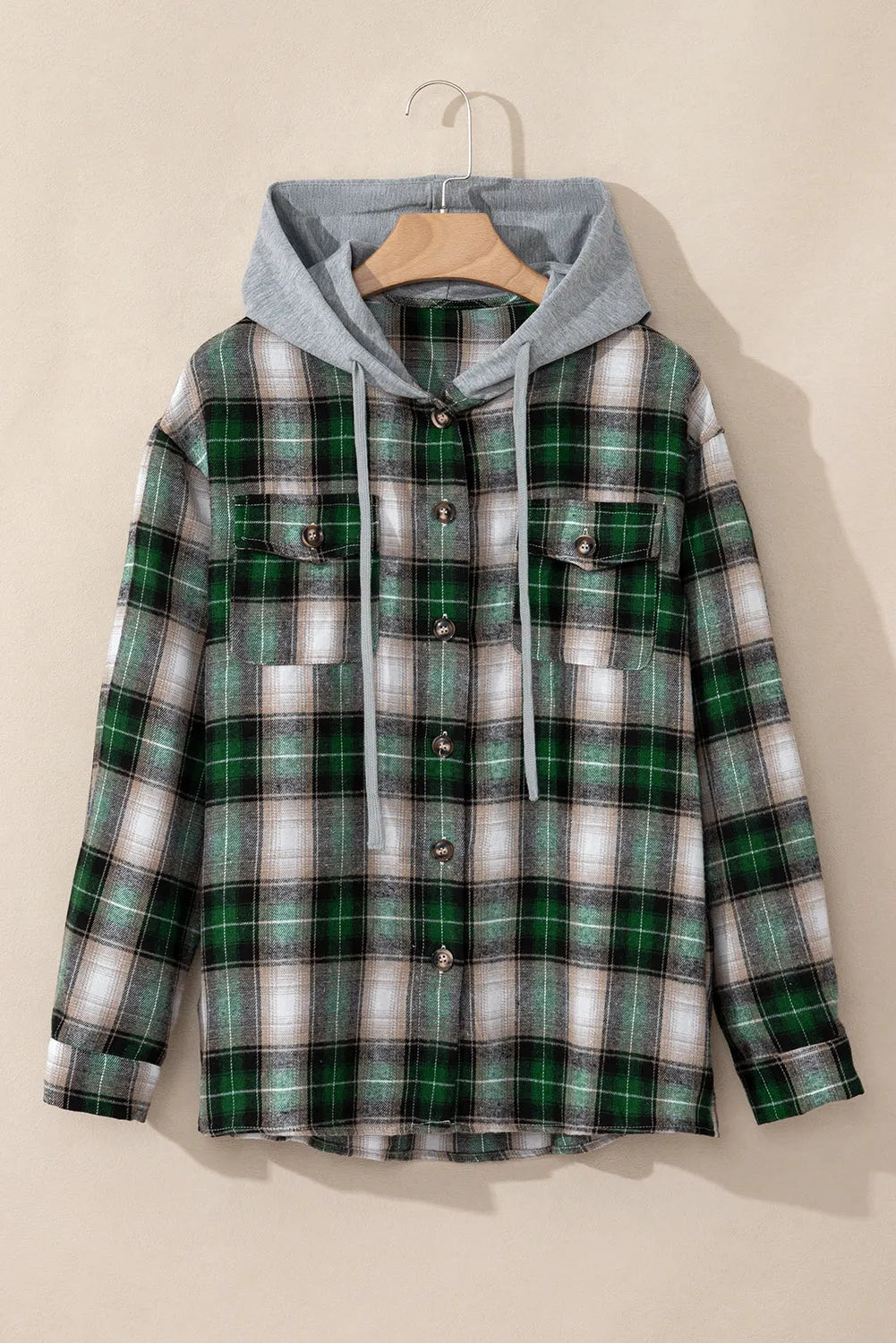 Green Plaid Print Chest Pocket Buttoned Hooded Shacket - Chic Meadow Boutique 