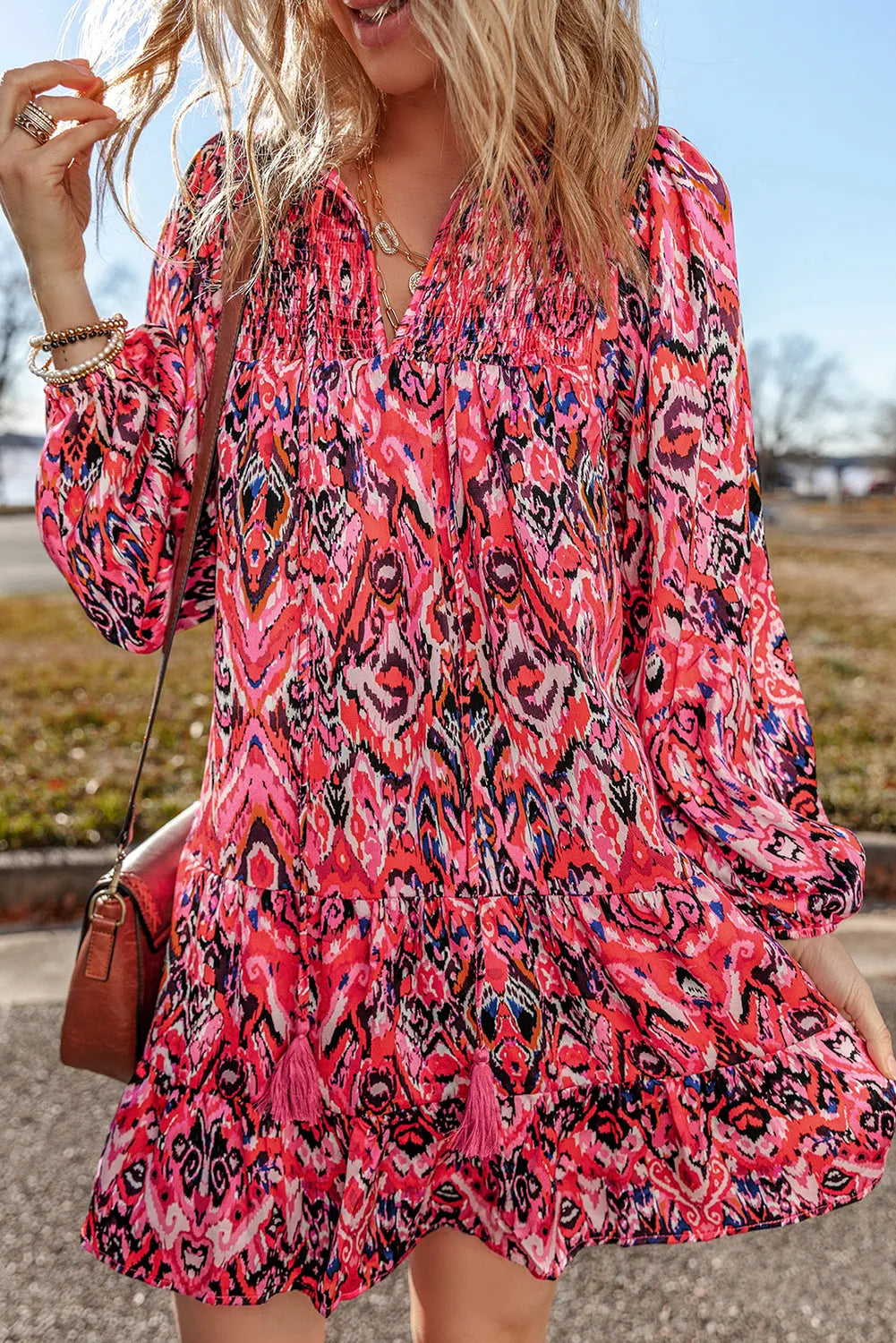 Rose Abstract Printed Tassel Tied Neck Long Sleeve Ruffled Mini Dress - Chic Meadow Boutique 