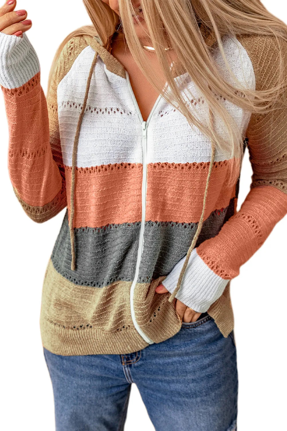 Multicolor Zipped Front Colorblock Hollow-out Knit Hoodie - Chic Meadow Boutique 