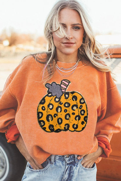 Orange Halloween Leopard Pumpkin Patchwork Ribbed Sweatshirt - Chic Meadow Boutique 