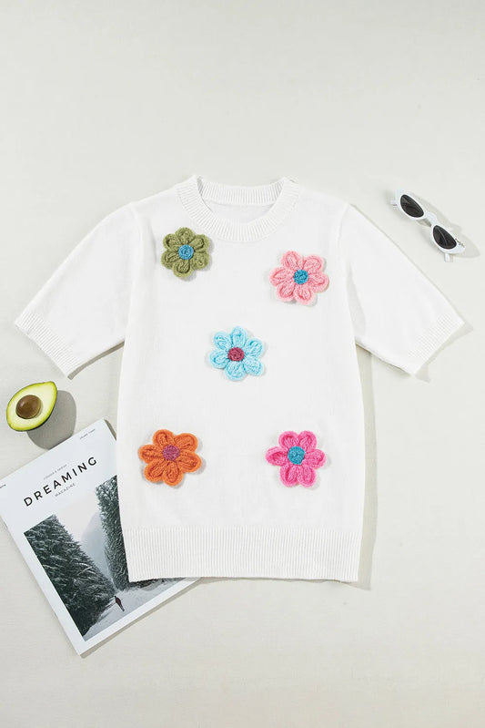 White Cute Flower Applique Short Sleeve Sweater - Chic Meadow Boutique 