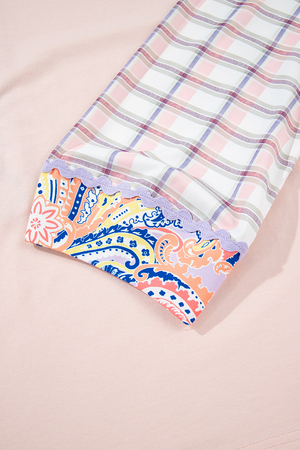 Delicacy Ricrac Trim Floral Plaid Patchwork Puff Sleeve Blouse