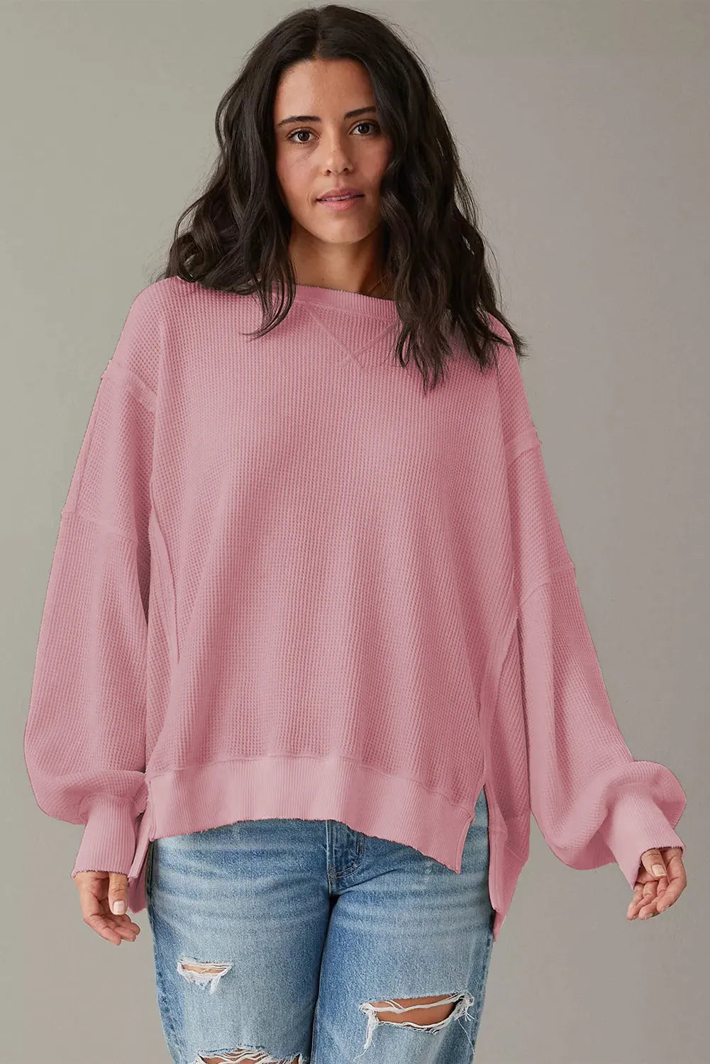 Pink Waffle Knit Bishop Sleeve Split Oversized Sweatshirt - Chic Meadow Boutique 