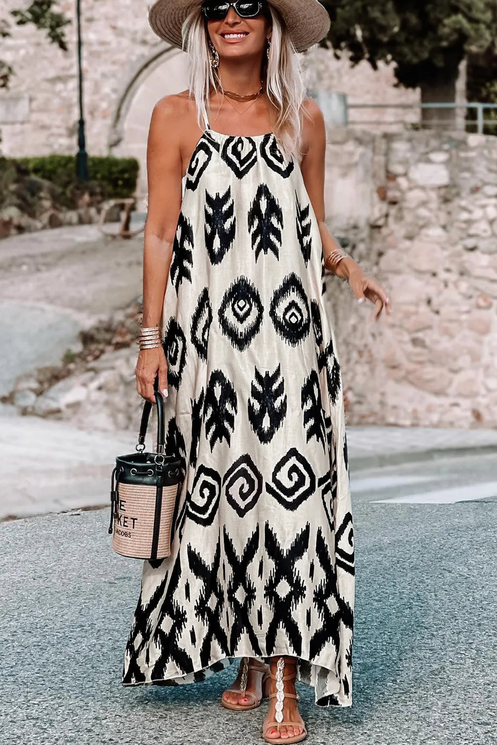 Black Western Aztec Printed Fashion Vacation Sundress - Chic Meadow Boutique 