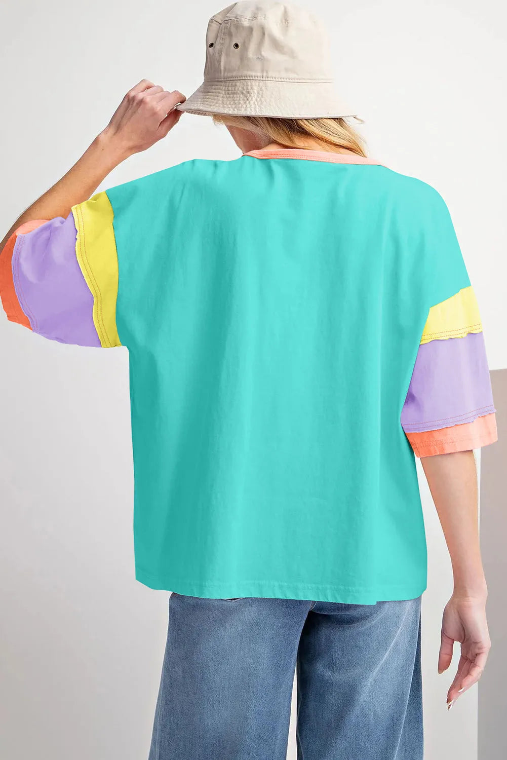 Light Blue Color Block Stitching Sleeve Round Neck Oversize Top - Chic Meadow Boutique 