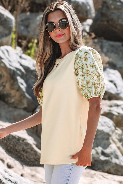Beige Contrast Floral Bubble Sleeve Patchwork Ribbed Top
