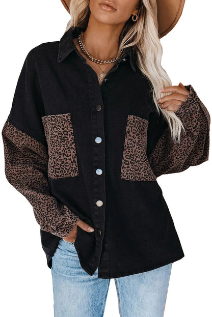 Black Contrast Leopard Denim Jacket - Chic Meadow Boutique 