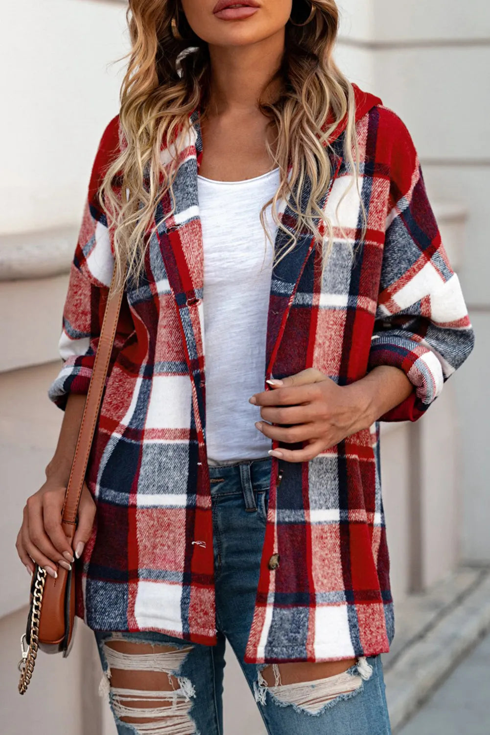 Fiery Red Hooded Plaid Button Front Shacket - Chic Meadow Boutique 