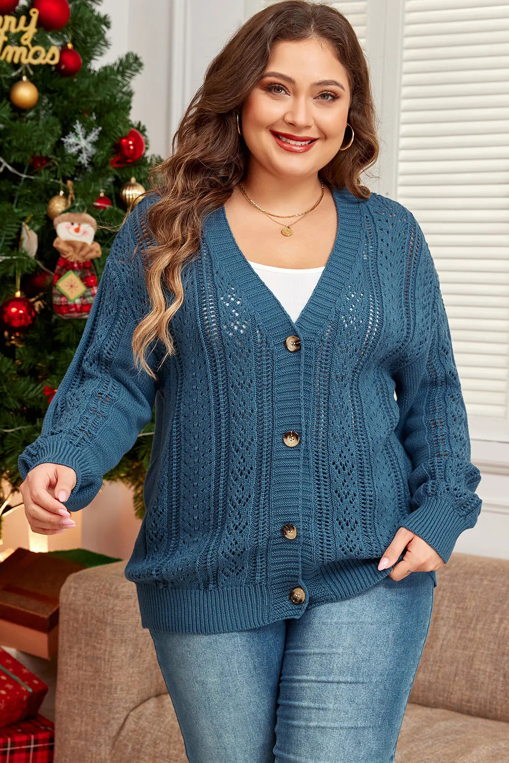 Real Teal Open Knit V Neck Button Front Drop Shoulder Plus Size Cardigan - Chic Meadow Boutique 