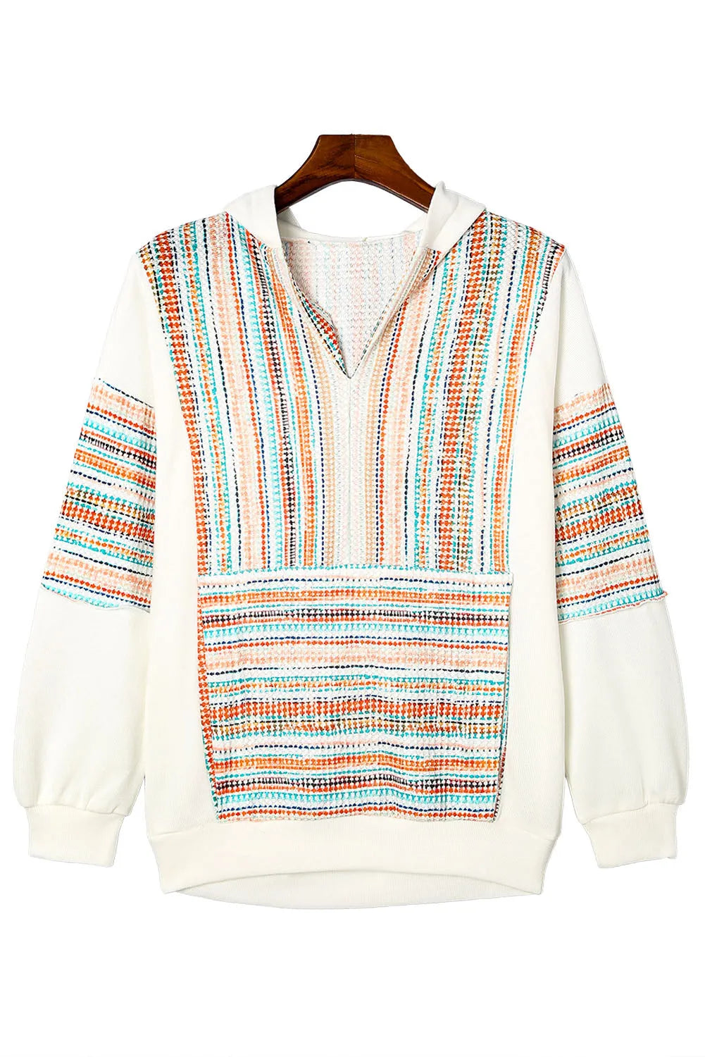 Multicolor Striped Patchwork V Neck Drop Shoulder Knit Hoodie - Chic Meadow Boutique 