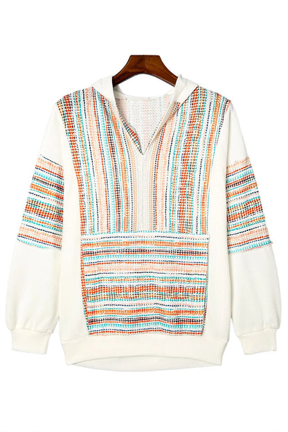 Multicolor Striped Patchwork V Neck Drop Shoulder Knit Hoodie - Chic Meadow Boutique 