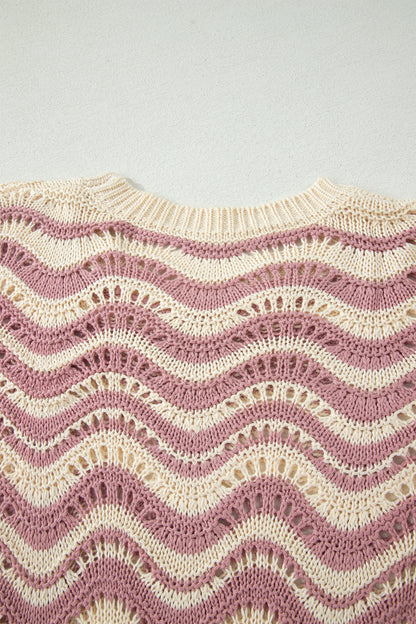 Beige Stripe Wavy Crochet Eyelet Detail Ruffle Half Sleeve Sweater