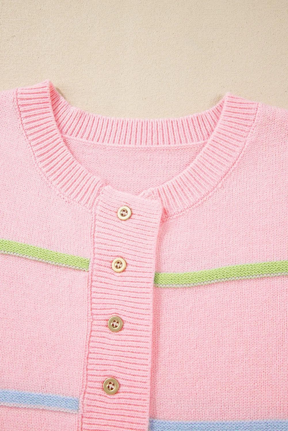 Sweaters & Cardigans/Sweaters Pink Rainbow Stripes Drop Shoulder Baggy Henley Sweater