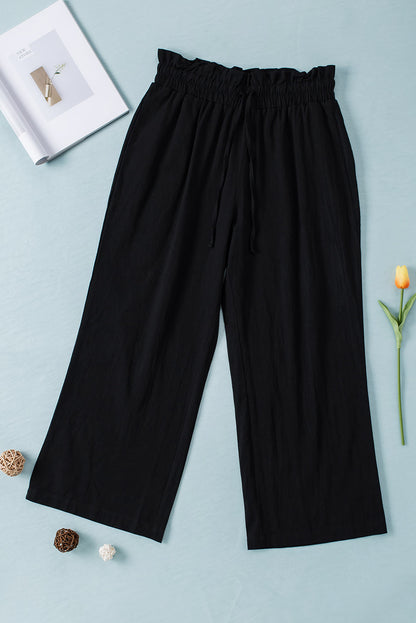 Black Paperbag Waist Straight Leg Cropped Pants