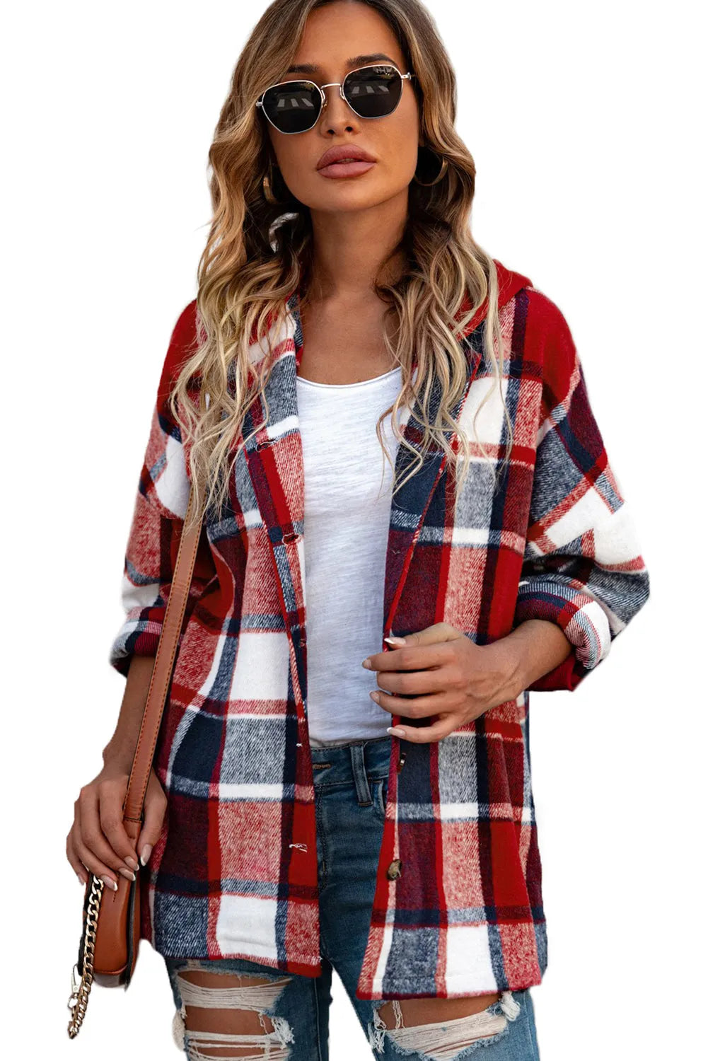 Fiery Red Hooded Plaid Button Front Shacket - Chic Meadow Boutique 