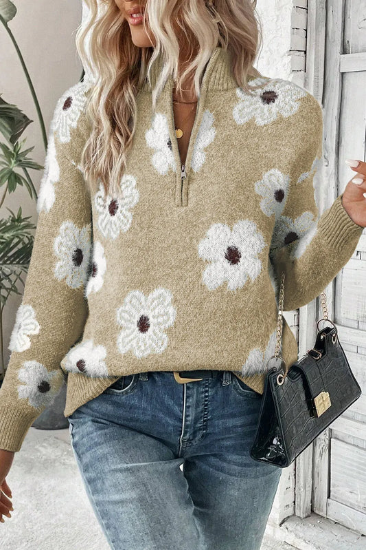 Khaki Floral Pattern Half Zip Drop Shoulder Sweater - Chic Meadow Boutique 