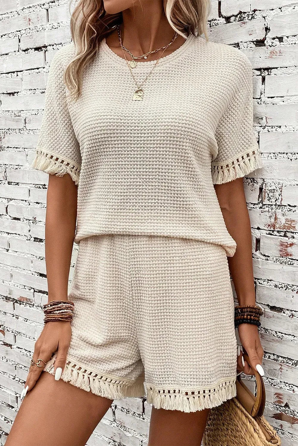 Beige Fringe Trim Textured Short Two Piece Set - Chic Meadow Boutique 