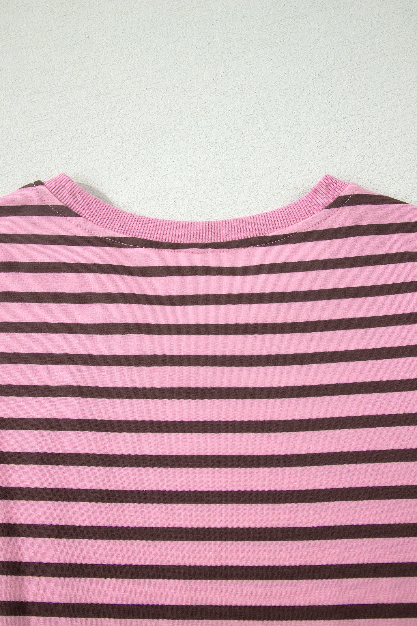Rose Stripe Striped V-Neck Ribbed Collar Cuff Gathering Puff Sleeve Top